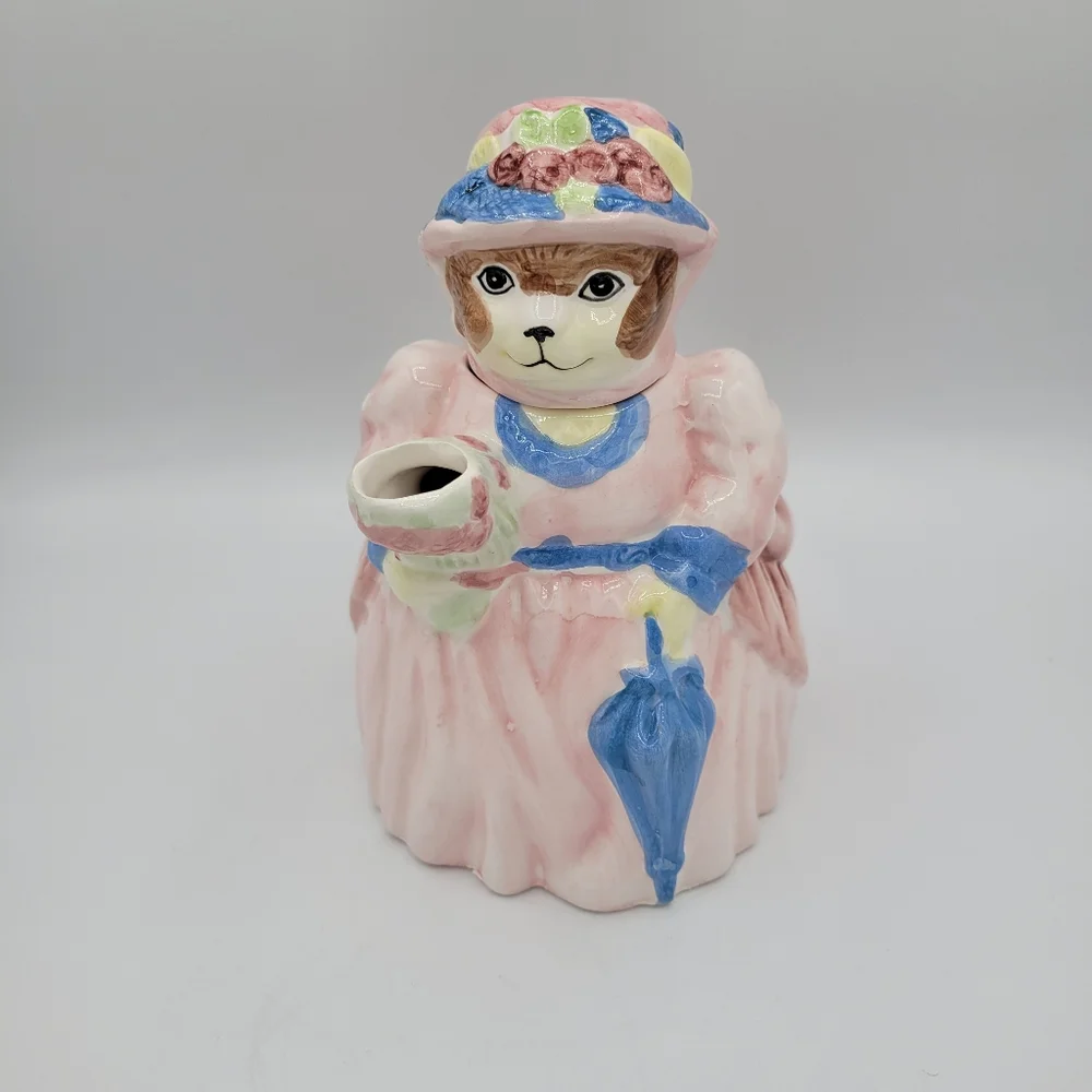 Vintage Ceramic Cat‎ Teapot Victorian Style Pink Blue Dress Collectible Decor